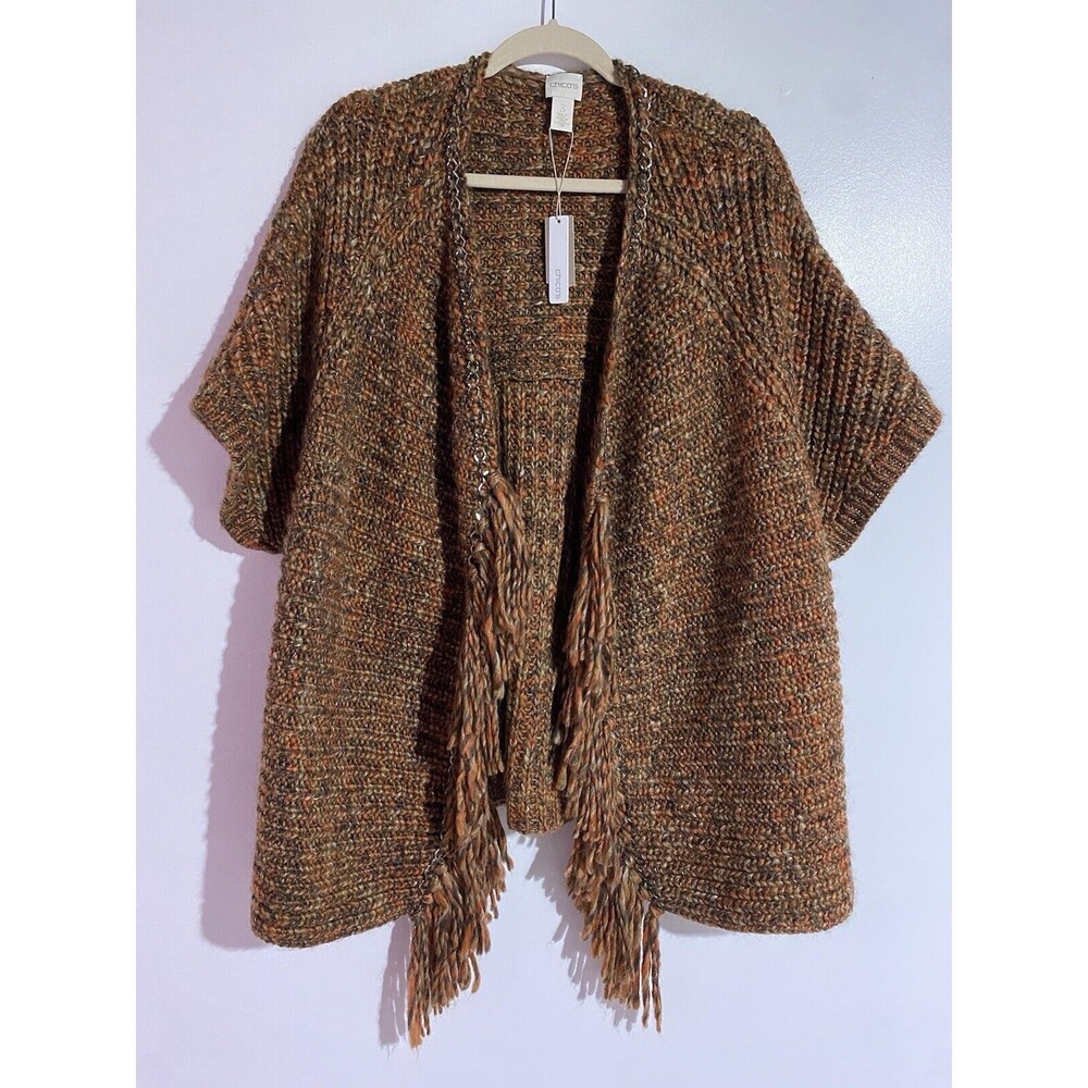 Chicos Cardigan 3‎ Brown Katrina Hardware Fringe Sweater Wool Blend Boho Western